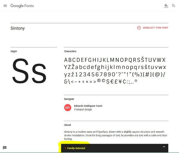 Google font selected